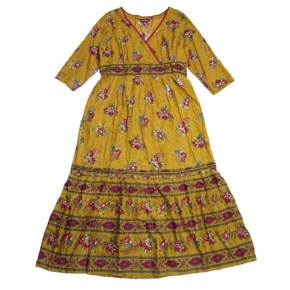 NWT April Cornell Chateau Hostess Maxi in Gold Floral V-neck Tie Back Dress S